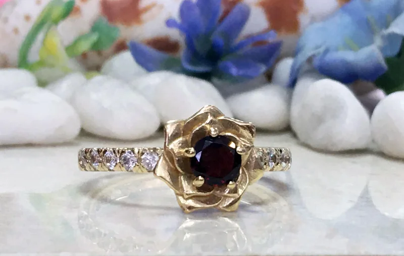 Multi - Gemstone Rings with a Rainbow of ColorsRed Garnet Ring - January Birthstone - Camellia Ring with Round Red Garnet Gemstone and Clear Quartz Accents