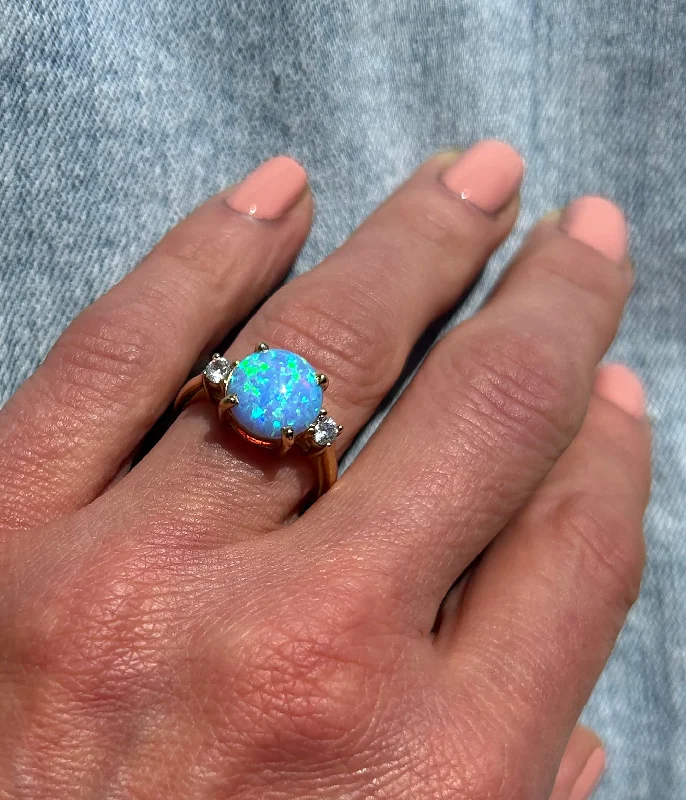 Emerald Gemstone Rings with Filigree - Bordered SettingsBlue Opal Ring - October Birthstone - Statement Engagement Ring with Round Blue Opal Gemstone and Clear Quartz Accents