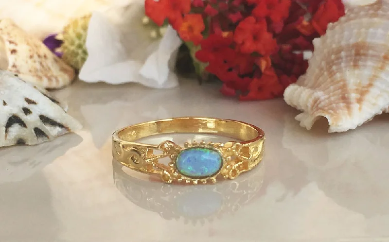 Emerald Gemstone Rings with Filigree - Bordered SettingsBlue Opal Ring - October Birthstone - Lace Ring with Oval Blue Opal Gemstone