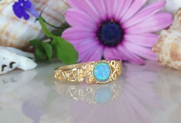 Ruby Gemstone Rings with Diamond AccentsBlue Opal Ring - October Birthstone -  Lace Ring with Round Blue Opal Gemstone