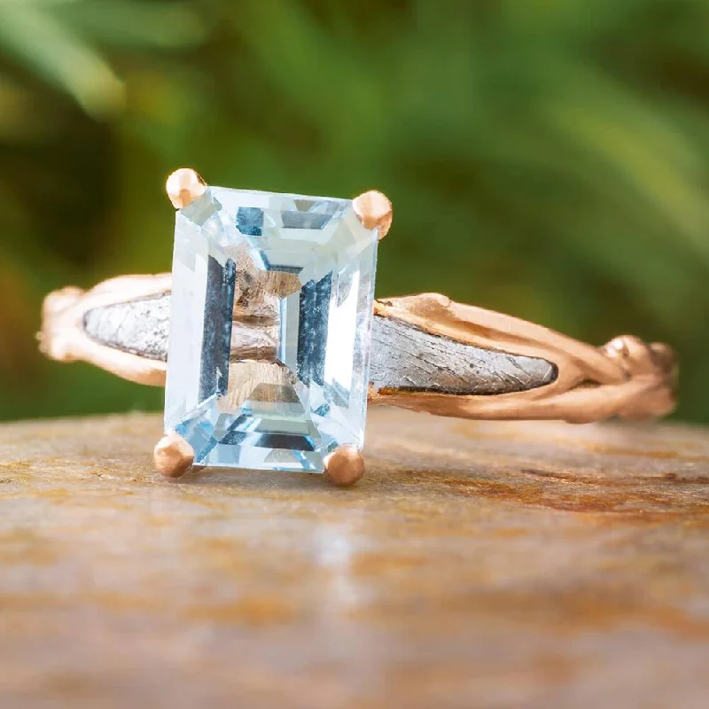 Aquamarine and Rose Gold Solitaire With Meteorite