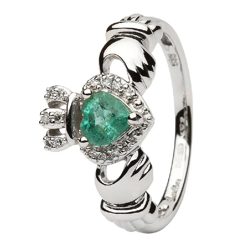 Ladies 14K White Gold Claddagh Ring with Emerald and Diamonds - SL-14L82EW