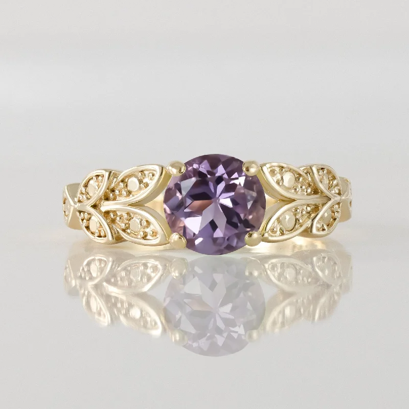 Sapphire Gemstone Rings in a Cathedral SettingPurple Amethyst Ring - February Birthstone - Round Purple Amethyst Gemstone Flower Leaves Ring