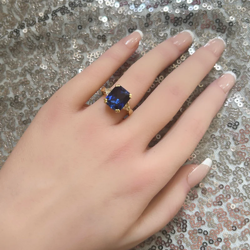 Amethyst Gemstone Rings in a Vintage - Style SettingBlue Sapphire Ring - September Birthstone - Statement Engagement Ring with Octagon Blue Sapphire and Clear Quartz Accents