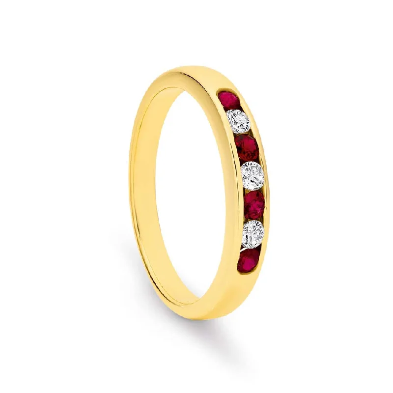 Halo - Style Diamond Rings with Smaller Accent Diamonds9k Yellow Gold Channel Set 4x Ruby 3X Diamond Ring / Band TDW 0.15ct GH SI2-P1