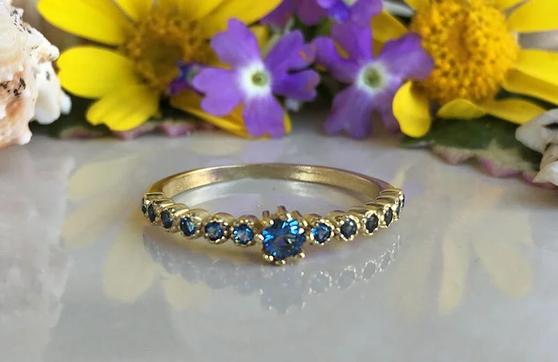 Ruby Gemstone Rings with Diamond AccentsBlue Topaz Ring - December Birthstone  - Delicate Stacking Half Eternity Ring with Thirteen Round Blue Topaz Gemstones