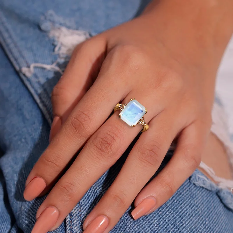 Ruby Gemstone Rings with Diamond AccentsRainbow Moonstone Ring - June Birthstone - Octagon Rainbow Moonstone Ring with Clear Quartz Accents