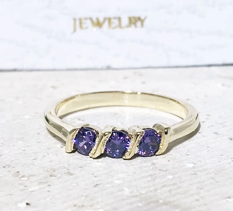 Ruby Gemstone Rings with Diamond AccentsAmethyst Ring - February Birthstone - Stacking Ring with Three Round Purple Amethyst Gemstones