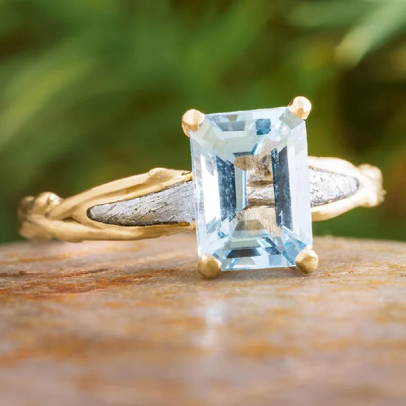 Aquamarine Engagement Ring in Yellow Gold With Meteorite