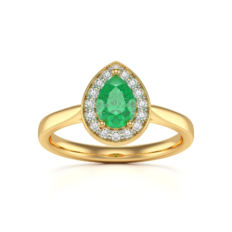 Emerald Gemstone Rings with Filigree - Bordered SettingsPear Shaped Emerald Diamond Halo Ring