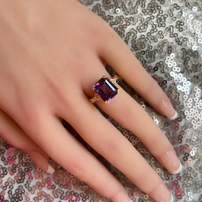 Emerald Gemstone Rings with Filigree - Bordered SettingsPurple Amethyst Ring - February Birthstone - Statement Engagement Ring with Octagon Purple Amethyst Gemstone and Clear Quartz Accents