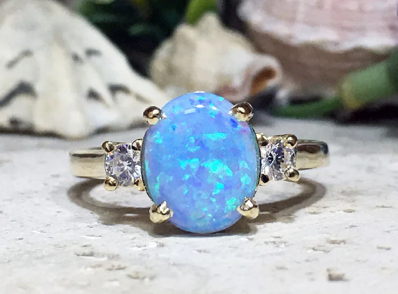 Ruby Gemstone Rings with Diamond AccentsBlue Opal Ring - October Birthstone - Statement Engagement Ring with Oval Blue Opal Gemstone and Clear Quartz Accents