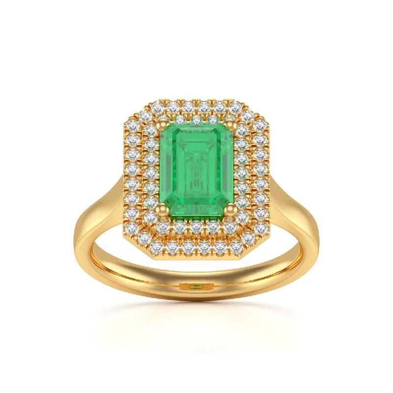 Emerald Gemstone Rings with Filigree - Bordered SettingsOctagon Emerald Centre Stone with Diamond halo Ring