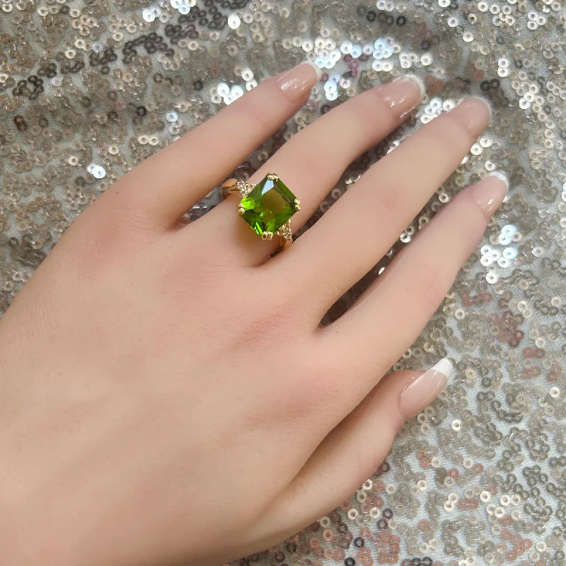 Sapphire Gemstone Rings in a Cathedral SettingPeridot Ring - August Birthstone Jewelry - Statement Engagement Ring with Octagon Peridot Gemstone and Clear Quartz Accents