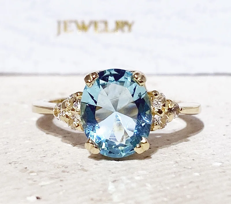 Amethyst Gemstone Rings in a Vintage - Style SettingBlue Topaz Ring - December Birthstone - Oval Blue Topaz Statement Engagement Ring with Clear Quartz Accents