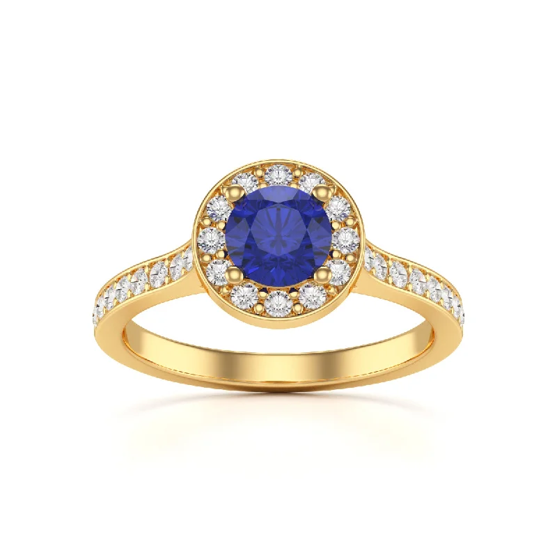 Amethyst Gemstone Rings in a Vintage - Style SettingRound Shape Sapphire Diamond Halo Ring with Diamond Set Shoulders