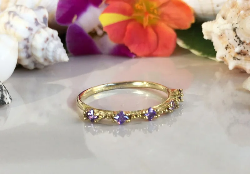 Ruby Gemstone Rings with Diamond AccentsPurple Amethyst Ring - February Birthstone - Stacking Ring with Five Square Purple Amethyst Gemstones