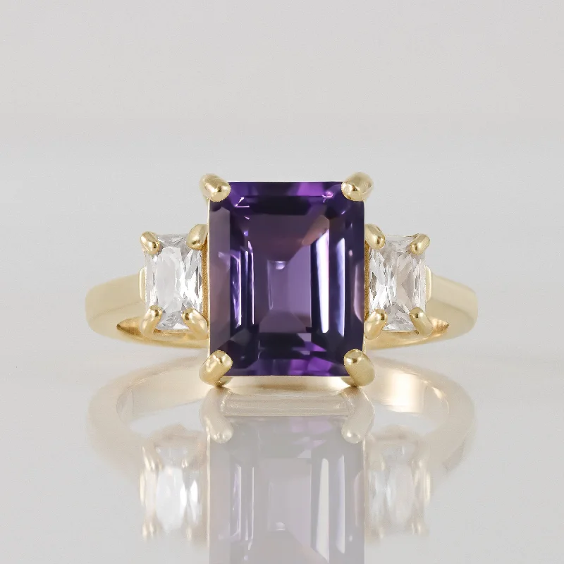 Emerald Gemstone Rings with Filigree - Bordered SettingsPurple Amethyst Ring - February Birthstone - Statement Engagement Ring with Emerald-Cut Purple Amethyst Gemstone and Clear Quartz Accents