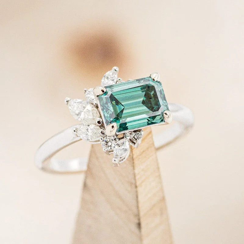 "AURAE" - EMERALD CUT MEDEINA GREEN MOISSANITE ENGAGEMENT RING WITH DIAMOND ACCENTS