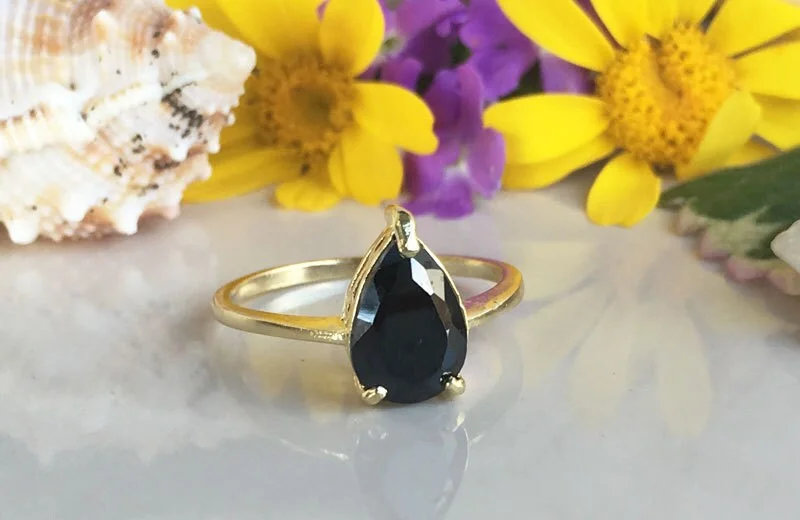 Sapphire Gemstone Rings in a Cathedral SettingBlack Onyx Ring - December Birthstone - Lace Setting Ring with Pear-Shaped Black Onyx Gemstone