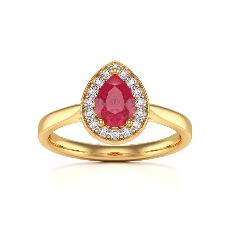 Sapphire Gemstone Rings in a Cathedral SettingPear Shaped Ruby Diamond Halo Ring