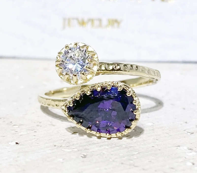 Sapphire Gemstone Rings in a Cathedral SettingDual Gemstone Ring - Two Birthstone Ring - Hammered Band Ring with Pear-Shaped Purple Amethyst and Round Clear Quartz