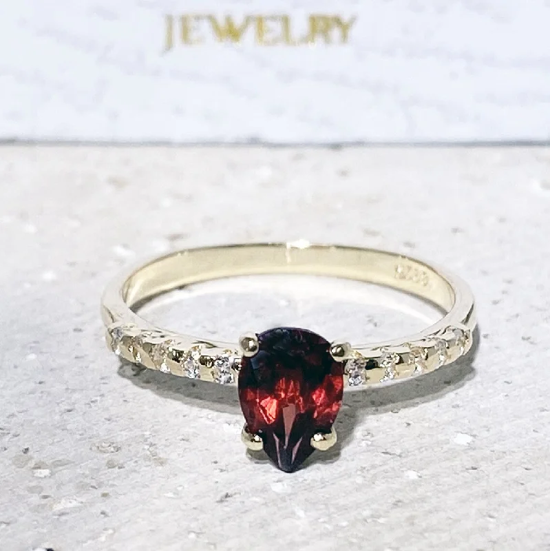 Ruby Gemstone Rings with Diamond AccentsRed Garnet Ring - January Birthstone - Pear-Shaped Red Garnet Gemstone Ring with Clear Quartz Accents