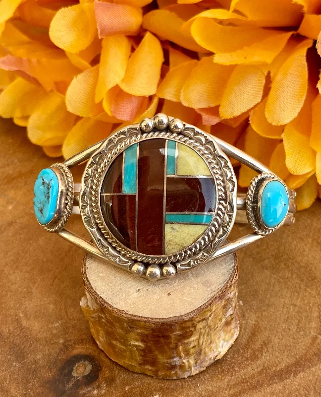 Statement Cuff Bracelets with Large - Sized StonesNavajo Made Multi Stone & Sterling Silver Inlay Cuff Bracelet