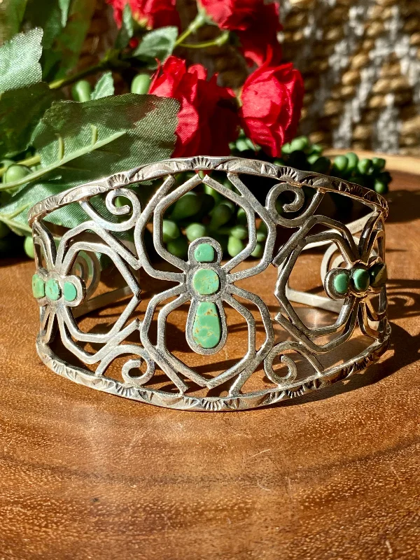 Solid Gold Cuff Bracelets with Intricate Filigree WorkMerle House Kingman Turquoise & Sterling Silver Spider Cuff Bracelet