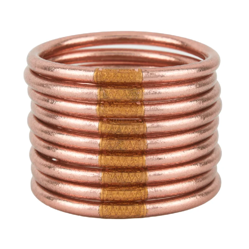 Solid Gold Bangles with Intricate EngravingsBuDhaGirl | Set of Nine | All Weather Bangles in Rose Gold