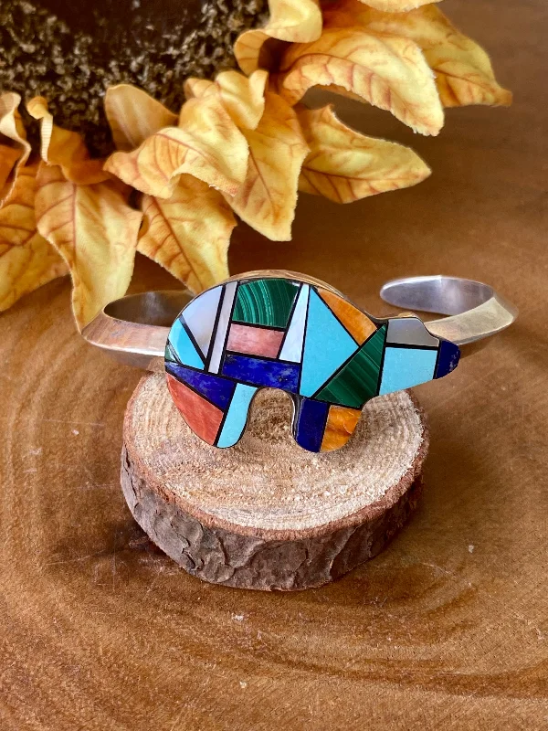 Cuff Bracelets with Magnetic Clasps for Easy WearNavajo Made Multi Stone & Sterling Silver Inlay Bear Cuff Bracelet