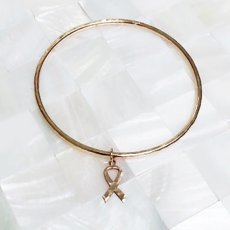 Solid Gold Bangles with Intricate EngravingsAwareness ribbon charm bangle (B433)