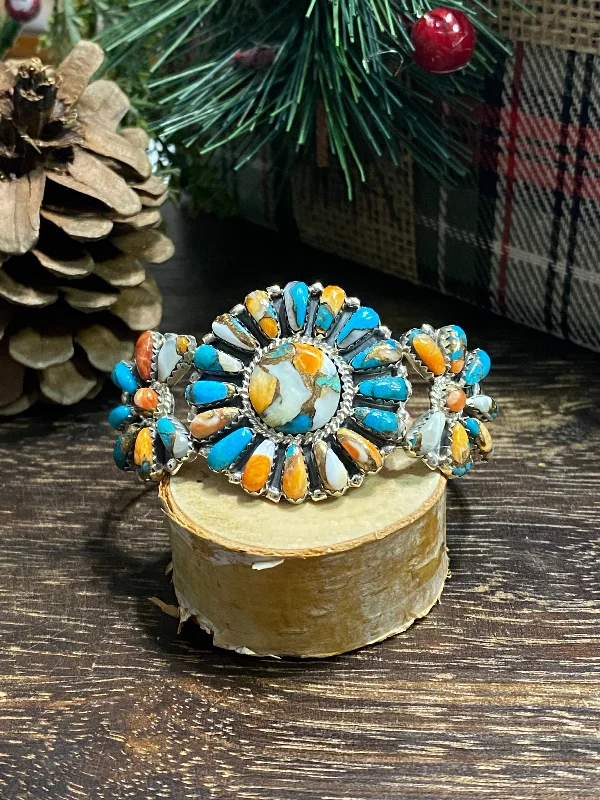 Gemstone - Inlaid Cuff Bracelets with Sapphires and RubiesNavajo Made Mohave Turquoise & Sterling Silver Cluster Cuff Bracelet