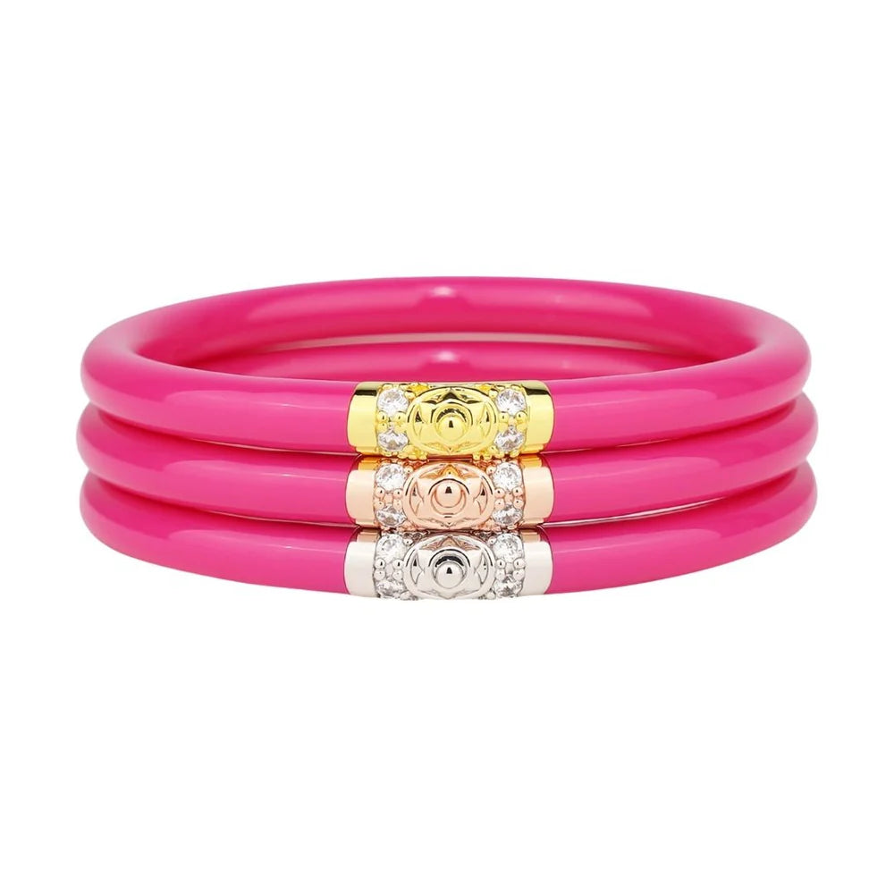 Solid Gold Bangles with Intricate EngravingsBuDhaGirl | Set of Three | Three Kings All Weather Bangles in Epic Pink