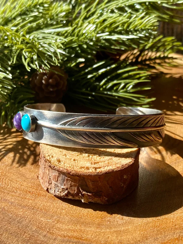 Cuff Bracelets with Hidden Clasps for a Seamless LookTony Yazzie Multi Stone & Sterling Silver Feather Cuff Bracelet