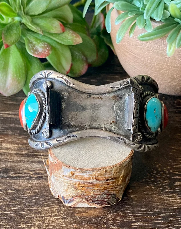 Cuff Bracelets for Special Occasions like Weddings and PartiesVintage Navajo Made Kingman Turquoise & Coral  Sterling Silver Watch Cuff Bracelet