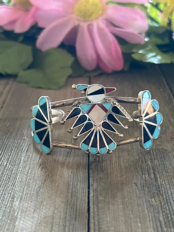 Bohemian - Style Cuff Bracelets with BeadworkZuni Made Multi Stone & Sterling Silver Inlay Thunderbird Cuff Bracelet