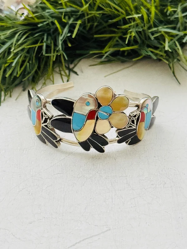 Mens Cuff Bracelets with a Masculine DesignZuni Made Multi Stone & Sterling Silver Inlay Hummingbird Cuff Bracelet