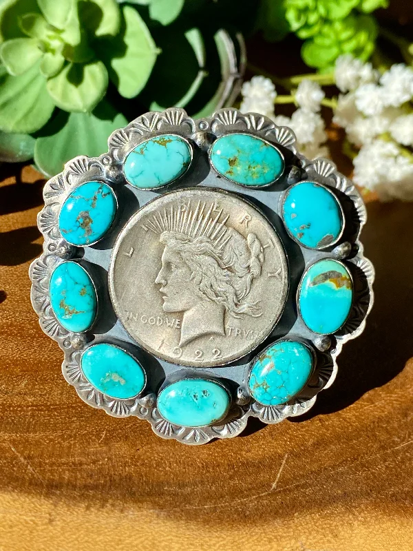 Vintage - Inspired Cuff Bracelets with Floral MotifsBoyd Ashley Kingman Turquoise & Sterling Silver 1922 Silver Dollar Cuff Bracelet