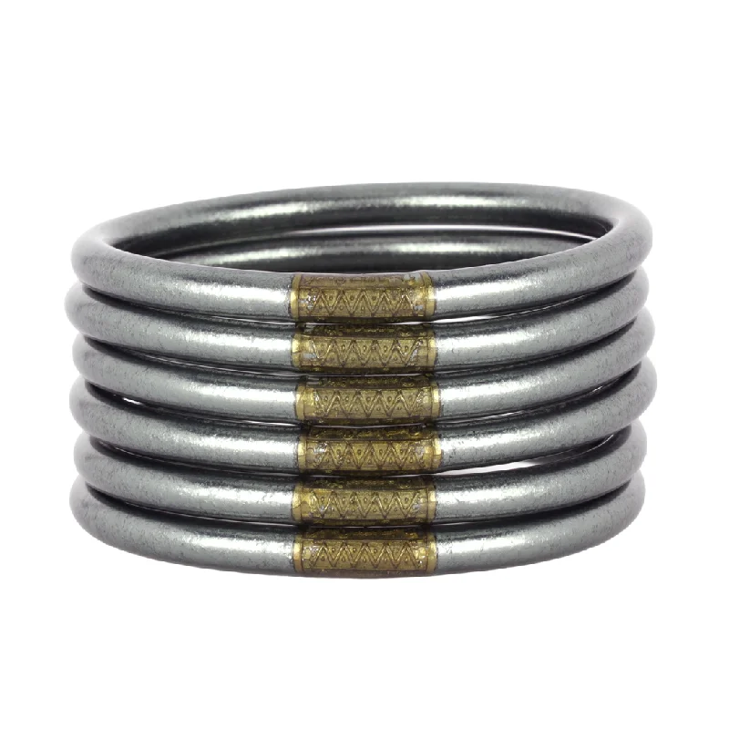 Solid Gold Bangles with Intricate EngravingsBuDhaGirl | Set of Six | All Weather Bangles in Graphite