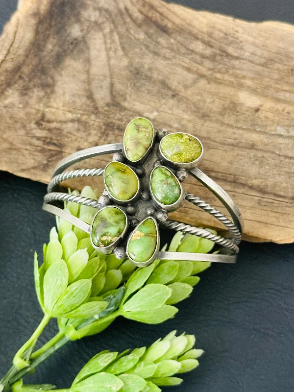 Cuff Bracelets for Special Occasions like Weddings and PartiesNavajo Made Sonoran Gold Turquoise and Sterling Silver Cuff Bracelet