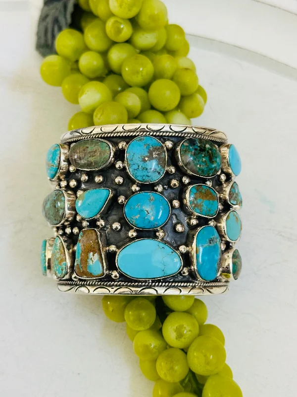 Mens Cuff Bracelets with a Masculine DesignTed Vacit Kingman Turquoise & Sterling Silver Cluster Cuff Bracelet