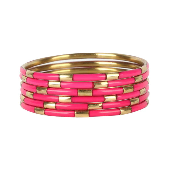 Solid Gold Bangles with Intricate EngravingsBuDhaGirl | Set of Six | Veda Bangles in Pink