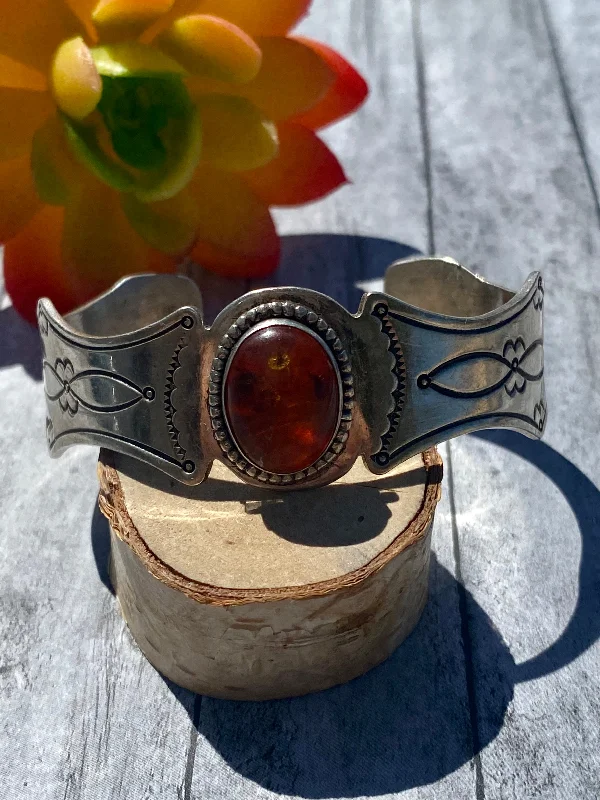 Leather Cuff Bracelets with Metal Stud EmbellishmentsPawn Navajo Made Amber & Sterling Silver Cuff Bracelet