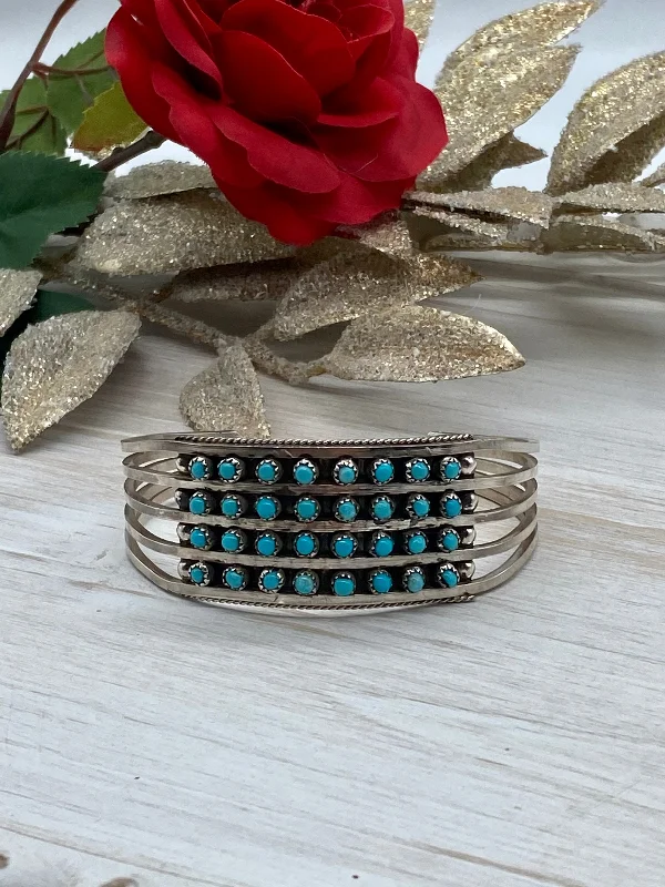 Cuff Bracelets with Magnetic Clasps for Easy WearZuni Made Turquoise & Sterling Silver Pettit Point Cuff Bracelet