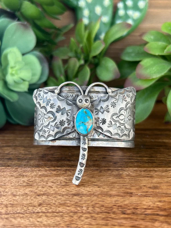 Solid Gold Cuff Bracelets with Intricate Filigree WorkBobby Johnson Kingman Turquoise & Sterling Silver Dragonfly Cuff Bracelet