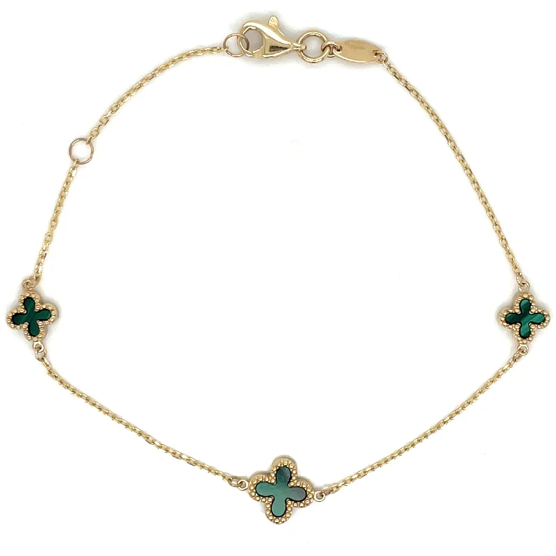 Adjustable Leather Bangles for a Bohemian Style9ct Yellow Gold Malachite Clover Bracelet