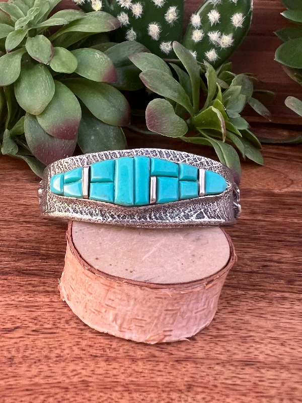 Bohemian - Style Cuff Bracelets with BeadworkNavajo Kingman Turquoise & Sterling Silver Cobblestone Tufa Cast Cuff Bracelet