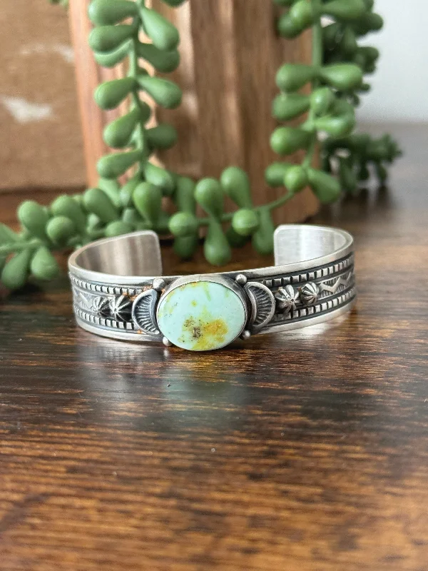 Vintage - Inspired Cuff Bracelets with Floral MotifsFrancis Yazzie Palomino Variscite and Sterling Silver Cuff Bracelet