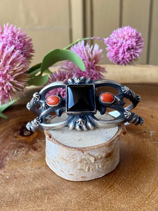 Eco - Friendly Cuff Bracelets Made from Recycled MaterialsChimney Butte Onyx & Coral Sterling Silver Cuff Bracelet